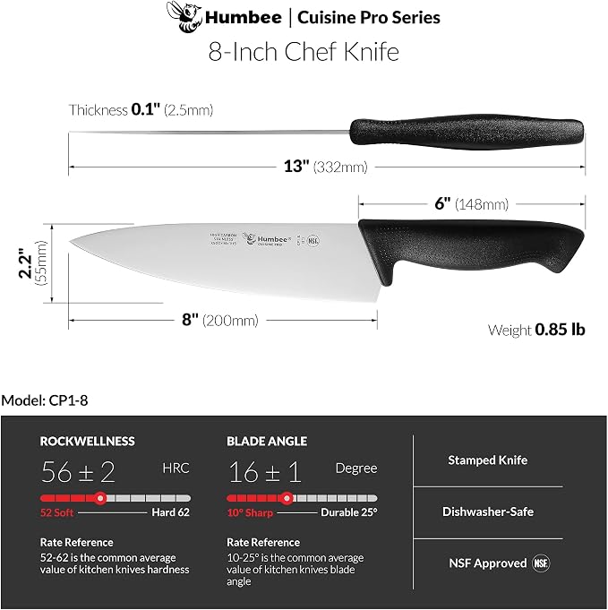 Cuisine Pro Chef Knife 8 Inches - Stainless Steel Full Tang Blade for Professional and Personal Use - Ergonomic Handle, Comfortable Grip - Dishwasher Safe, NSF Certified