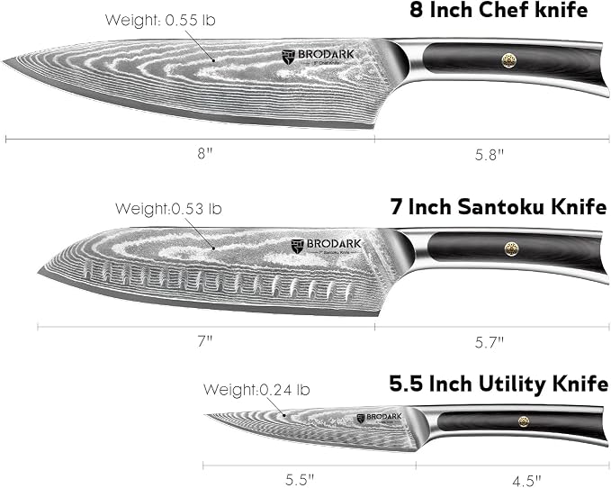 BRODARK Damascus Chef Knife 3 PCS, VG10 Steel Full Tang Sharp Professional Japanese Chef Knife Set for Kitchen, Ergonomic Pakkawood Handle Damascus Knife Set with Gift Box