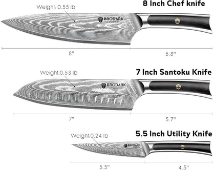 BRODARK Damascus Chef Knife 3 PCS, VG10 Steel Full Tang Sharp Professional Japanese Chef Knife Set for Kitchen, Ergonomic Pakkawood Handle Damascus Knife Set with Gift Box