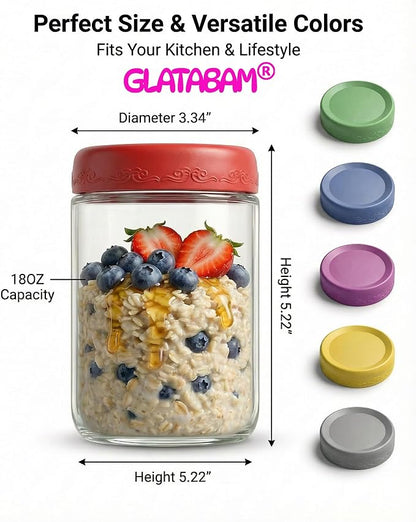 18 OZ 4Pack, Overnight Oats Jars with Lids, Glass Meal Prep Containers, Airtight Mason Jars for Breakfast, Yogurt Parfait, Salad & Smoothies, Leakproof and Reusable Food Storage Jars(4-1)
