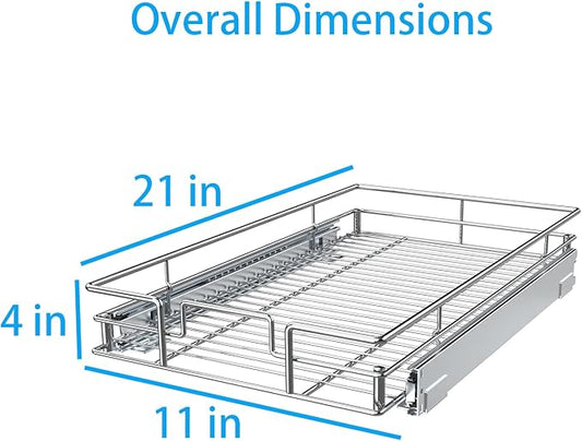 Pulloutor Pull Out Cabinet Organizer - 11" W x 21" D, Slide Out Kitchen Cabinet Storage Shelf and Drawer Organizer, For Home, Pantry, Bathroom, Chrome Finish