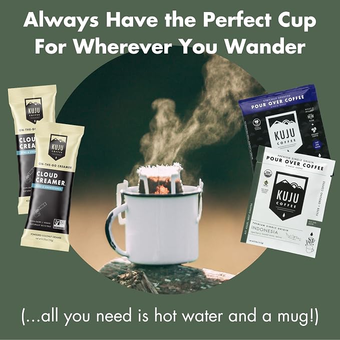 Kuju Coffee Premium Pour Over Individual Coffee Packets - Backpacking, Travel, Camping Organic Coffee Singles - Fair Trade & Eco-Friendly - Indonesia - West Sumatra, 6-pack