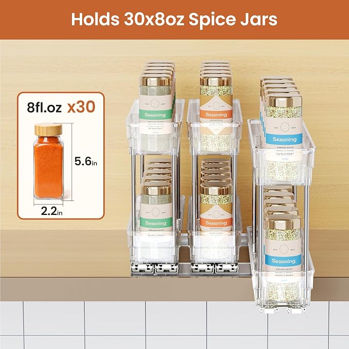 Mystozer Pull Out Spice Rack Organizer for Cabinet, Slide Out Spice Racks Organizer, Easy to Install Spice Cabinet Organizers, 2.3''Wx10.66''Dx8.11''H, 3 Packs - 2 Tiers (Clear)