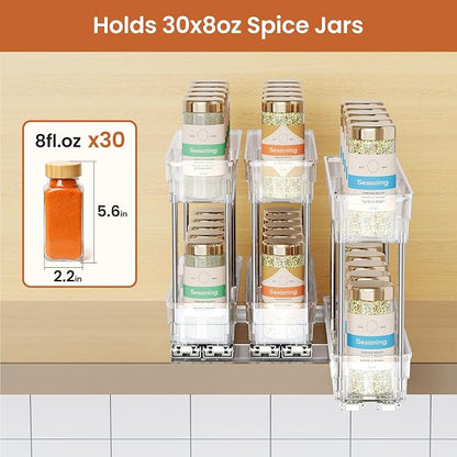 Mystozer Pull Out Spice Rack Organizer for Cabinet, Slide Out Spice Racks Organizer, Easy to Install Spice Cabinet Organizers, 2.3''Wx10.66''Dx8.11''H, 3 Packs - 2 Tiers (Clear)