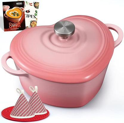 Overmont Heart-Shaped Enameled Cast Iron Dutch Oven, 2QT Pink Mini Pot with Lid for Cozy Meals, Soups & Small Batch Baking, Cute Kitchen Cookware Gift for Wedding, Housewarming & Birthday