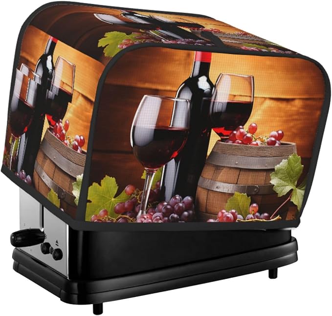 Red Wine Glass Grapes Theme 2 Slice Toaster Cover Wide Slot Dustproof Bread Maker Cover Fingerprint Protection Kitchen Appliance Cover Toaster Bag