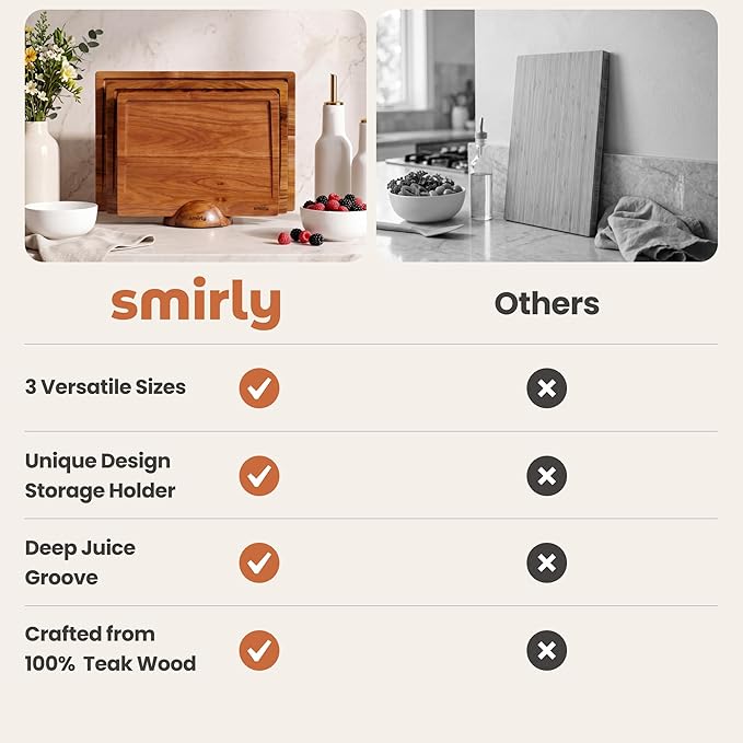 SMIRLY Teak Wood Cutting Board for Kitchen - Wood Cutting Boards for Meal Prep, Serving, Charcuterie - Kitchen Gadgets, House Warming Gifts - Wooden Chopping Board Set of 3 with Holder