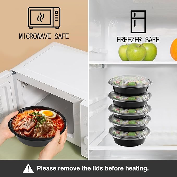 32oz Disposable Meal Prep Containers with Lids, 50 Pack (100 Pcs) Black Round Take Out Food Containers - Stackable Bento Boxes, BPA-Free, Microwave Safe, Bulk Lunch Containers