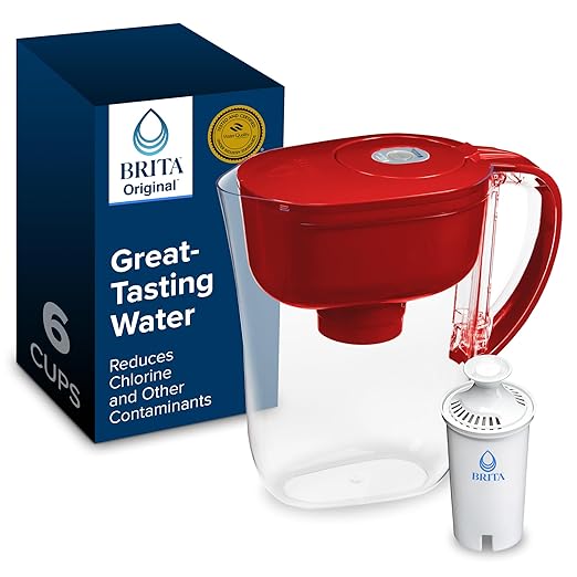 Brita Metro Small 6-Cup Water Filter Pitcher, WQA NSF/ANSI Certified, Mini-Fridge Friendly, Removes Chlorine Taste & Odor, Reduces Zinc, Copper & Mercury, 1 Standard Filter, Lasts 2 Months, Red
