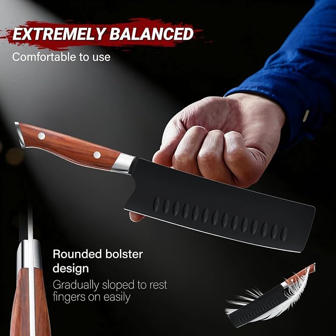 TIVOLI 3 Piece Kitchen Knife Set - High Carbon Steel Black Blade Rustproof Coating - Chef Knife Set with Ergonomic Wood Handle, Cooking Knives for Meat Vegetable Fruit, Gift Box Sharp Knives