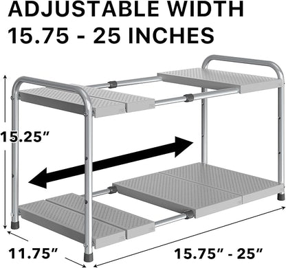 Simple Houseware Under Sink 2-Tier Heavy Duty Expandable Rack Organizer, Adjustable Width 15.75–25 Inches with 4 Shelf Height Levels, Silver