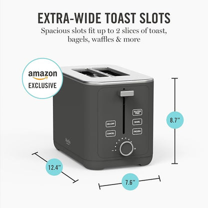 Martha Stewart 2 Slice Toaster, 10 Shade Settings with Defrost, Cancel, Bagel & Gluten-Free, Extra-Wide Self-Centering Slots for Waffles & Artisan Bread, Removable Crumb Tray, Cord Wrap, Caviar Gray