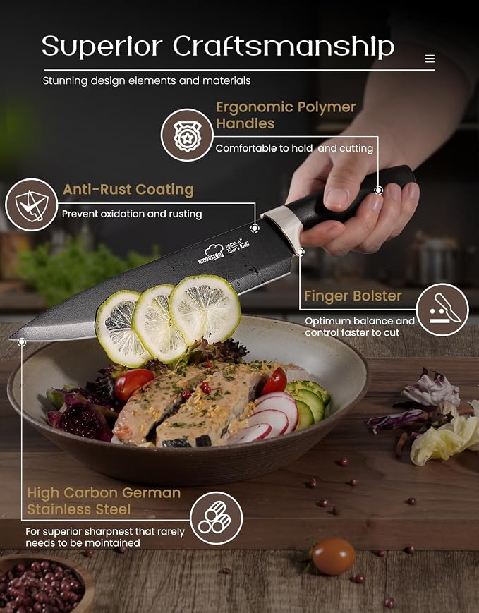 Amorston Knife Set, 15 Piece Kitchen Knife Set with Block and Built in Sharpener, German Stainless Steel Dishwasher Safe Knife Block Set, Black Kitchen Knives Set for Home Cooking Fathers Day Gift