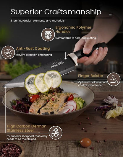 Amorston Knife Set, 15 Piece Kitchen Knife Set with Block and Built in Sharpener, German Stainless Steel Dishwasher Safe Knife Block Set, Black Kitchen Knives Set for Home Cooking Fathers Day Gift