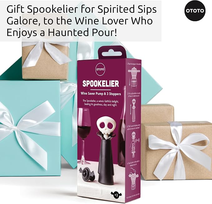 OTOTO Skull Wine Saver Pump and Stoppers - Halloween Gifts, Emo Accessories, Gothic Kitchen, Goth Gifts, Bat, Kitchen Gadgets - (Spookelier)