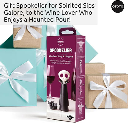 OTOTO Skull Wine Saver Pump and Stoppers - Halloween Gifts, Emo Accessories, Gothic Kitchen, Goth Gifts, Bat, Kitchen Gadgets - (Spookelier)