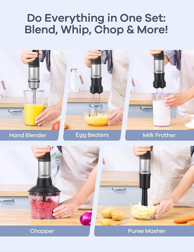 Ganiza Immersion Blender, Max 1200W Heavy Duty Hand Blender with Time Display & Variable Speed Trigger, 9-in-1 Electric Handheld Mixer with Chopper Whisk Frother Beaker Ideal for Soup Puree Smoothies