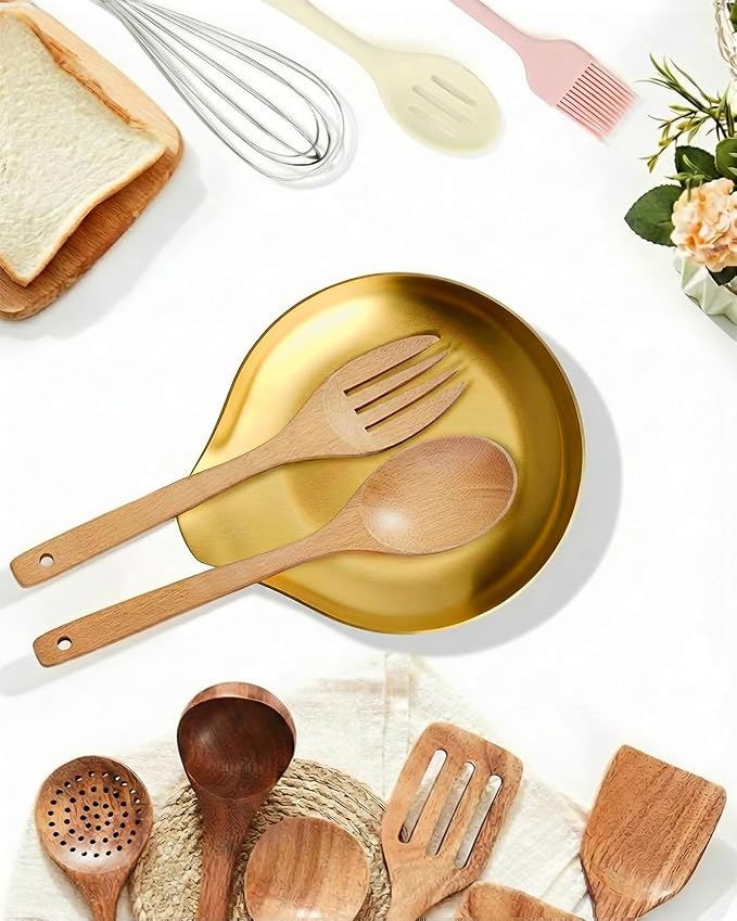 VanlonPro Stainless Steel Spoon Rest, Spatula Ladle Holder, Stainless Steel Utensil Spoon Rest Holder, Brushed Finish, Dishwasher Safe 5.9 x 5.1 Inch (Round Gold 1PC)