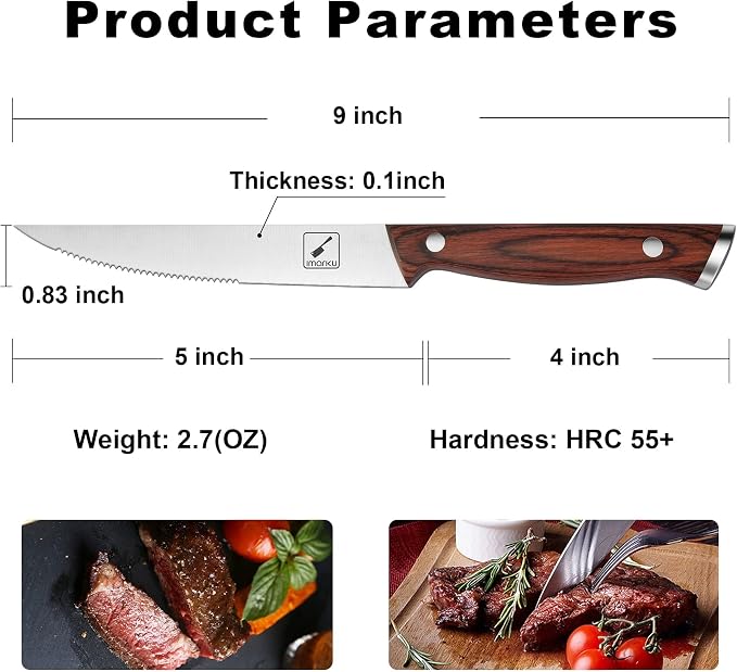 imarku 9" Steak Knife Set of 6, Japanese High Carbon Stainless Steel, Serrated Edge Glides Through Steak, No Sharpening, For 6 Guests, Complements Any Table