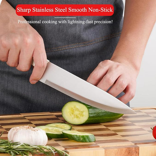 White Knife Set with Wood Block, 14-Piece Aesthetic Kitchen Knife Sets for Women,Non Rust Sharp Stainless Steel Knives With Sharpener,Gifts for Modern Kitchen Decor