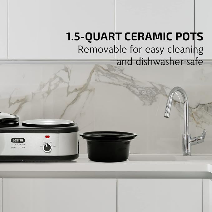 OVENTE Stainless Steel Triple Slow Cooker Buffet Server with Glass Lid & Temperature Control, 3 Section Station Portable 4.5 QT Ceramic Pot Food Warmer Easy Clean for Holiday Dinner, Silver SLO315CBR