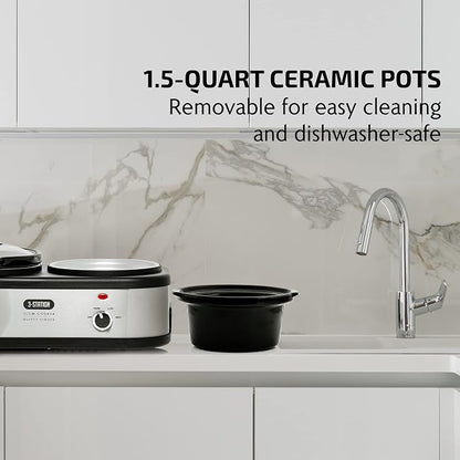OVENTE Stainless Steel Triple Slow Cooker Buffet Server with Glass Lid & Temperature Control, 3 Section Station Portable 4.5 QT Ceramic Pot Food Warmer Easy Clean for Holiday Dinner, Silver SLO315CBR