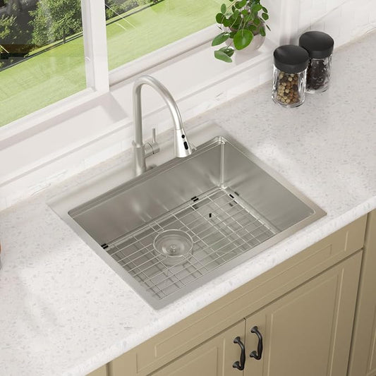 Lordear 25 Inch Drop In Kitchen Sink with Faucet 16 Gauge Stainless Steel Single Bowl 25x22x9 Topmount Kitchen Sink Workstation Sinks with Soap Dispenser