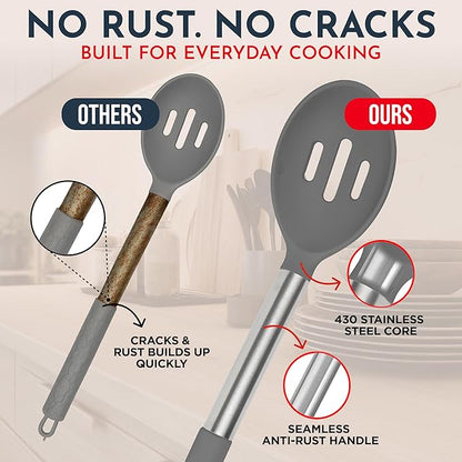 Silicone Kitchen Utensils Set 34 Pieces 450 °F Heat Resistant - Grey Cooking Utensils-Set for Nonstick Cookware - Silicone Spatulas Set, Stainless Steel Handle & Other Kitchen accessories
