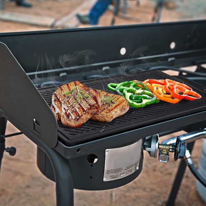 GGC Cast Iron Reversible Grill Griddle for Stove Top, Flat Griddle for Gas Grills, Flat and Ribbed Double-Side to Use, Non-Stick Griddle Plate Top Outdoor Cooking (20" x 9")