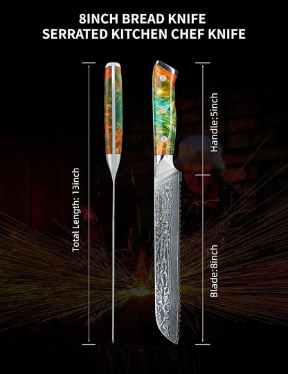 8” Bread Knife Serrated Kitchen Chef Knife - Damascus Steel & Resin Handle - Xuan Series(Fantasy Orange)