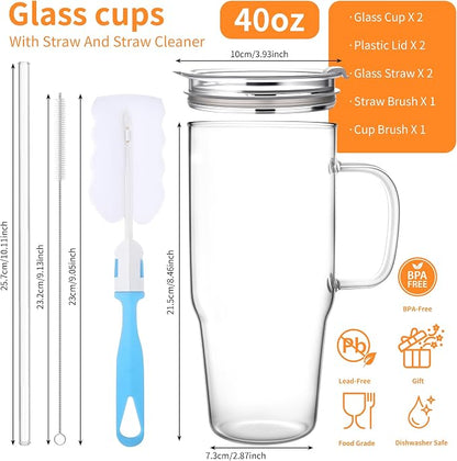 Birity 40OZ Borosilicate Glass Tumbler with Handle,Glass Cup with Lid and Straw-Reusable Iced Coffee Cup with Lid for Boba, Smoothies,Beer,Juice|Suitable for Gifts,Travel,Outdoor,Partys&Home
