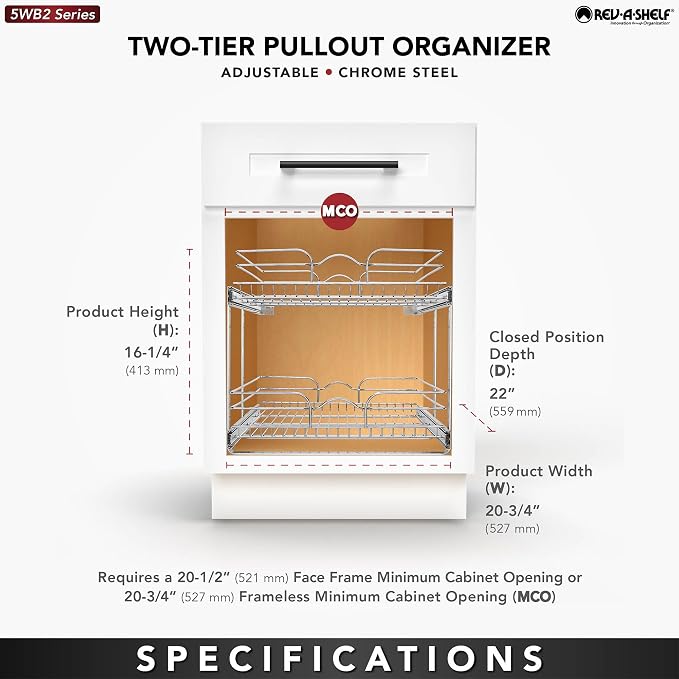 Rev-A-Shelf 2-Tier Pullout Shelf and Drawer Organizer for Kitchen Cabinets, Slide Out Storage Basket, Min Opening Width of 20.5", 21" x 22", 5WB2-2122CR-1