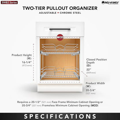 Rev-A-Shelf 2-Tier Pullout Shelf and Drawer Organizer for Kitchen Cabinets, Slide Out Storage Basket, Min Opening Width of 20.5", 21" x 22", 5WB2-2122CR-1