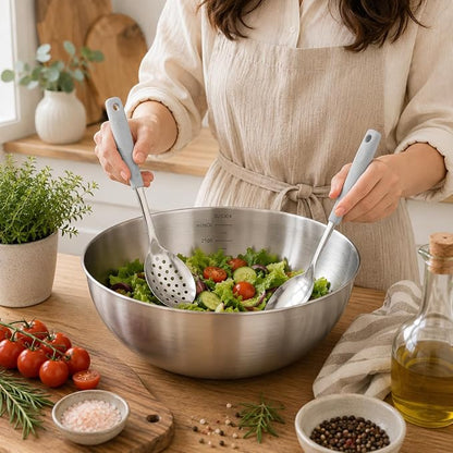 Metal Serving Spoons Set, Large Serving Spoons with Silicone Handles, Stainless Steel Serving Spoon, Slotted Spoon & Soup Ladle Set for Buffet and Home Kitchen (Grey)