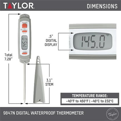 Taylor 9847 Waterproof Digital Instant Read Meat Food Grill BBQ Kitchen Cooking Thermometer, Comes with Sleeve Extender and Lanyard