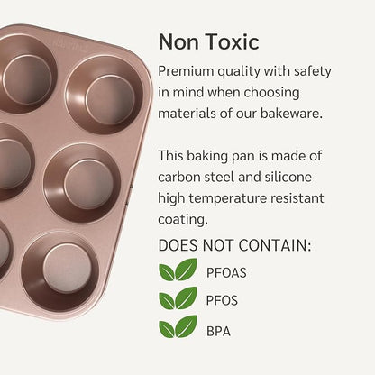 HAPPIELS 6-Cup Jumbo Muffin Pan Nonstick for Oven Baking, PFOA & BPA Free | Non Stick Large Cupcake Tin | Nontoxic Muffins Tins Big Size | Non Toxic Non Stick Baking Trays | Cupcakes Tray