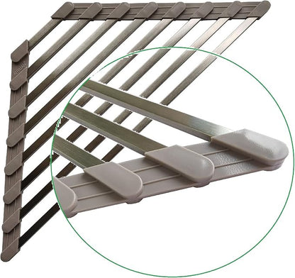 Triangle Dish Drying Rack for Sink Corner Roll Up Dish Drying Rack Folding Stainless Steel Multipurpose Over The Sink Corner Dish Drainer Mat for Kitchen (Hard and Stable Grey)