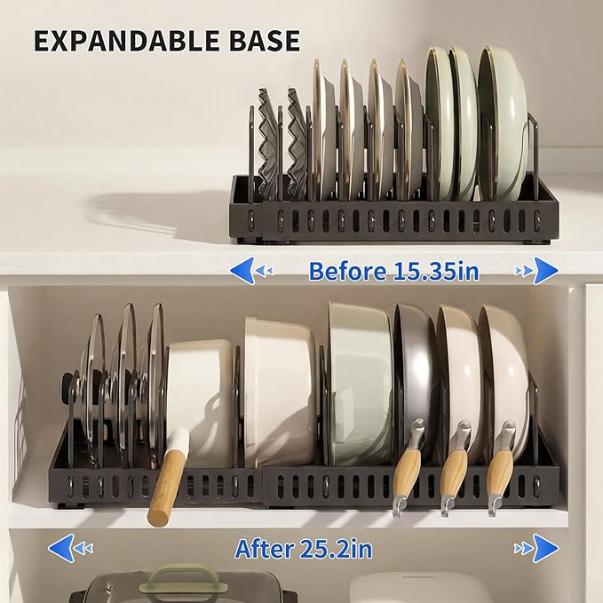 Pull-Out Pots and Pans Organizer, Expandable Lid Rack Pans Organizer Under Cabinet with 12 Adjustable Dividers, Storage Rack for Cookware, Spice, Cutting Board, Dishes, Baking Tray, Lid (Black)