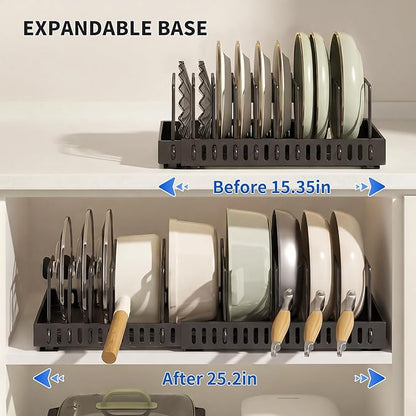Pull-Out Pots and Pans Organizer, Expandable Lid Rack Pans Organizer Under Cabinet with 12 Adjustable Dividers, Storage Rack for Cookware, Spice, Cutting Board, Dishes, Baking Tray, Lid (Black)