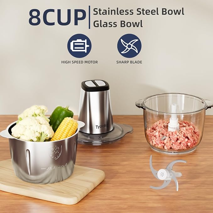Electric Food Processor Vegetable Chopper, Easy Clean Meat Grinder with 2 Bowls (8 Cup Stainless Steel+8 Cup Glass), Small Food Mixer for Fruits/Meat/Nuts/Fish/Veggie/Pet Food/Baby Food