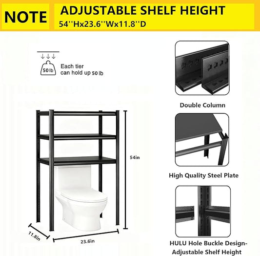 Over The Toilet Storage Shelf, Freestanding Metal Bathroom Shelf Organizer, Waterproof Rustproof Space Saver, Black，54''H×23.6''W×11.8''D