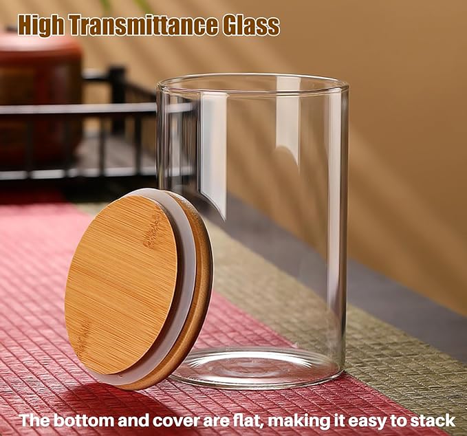 6 Pack Glass Food Storage Jars with Airtight Lids, Clear Glass Jar with Bamboo Lid, Airtight Food Canister for Tea, Candy, Coffee, Sugar, Cookie, Snack. (Round | 5+6 Inch) SET of 3