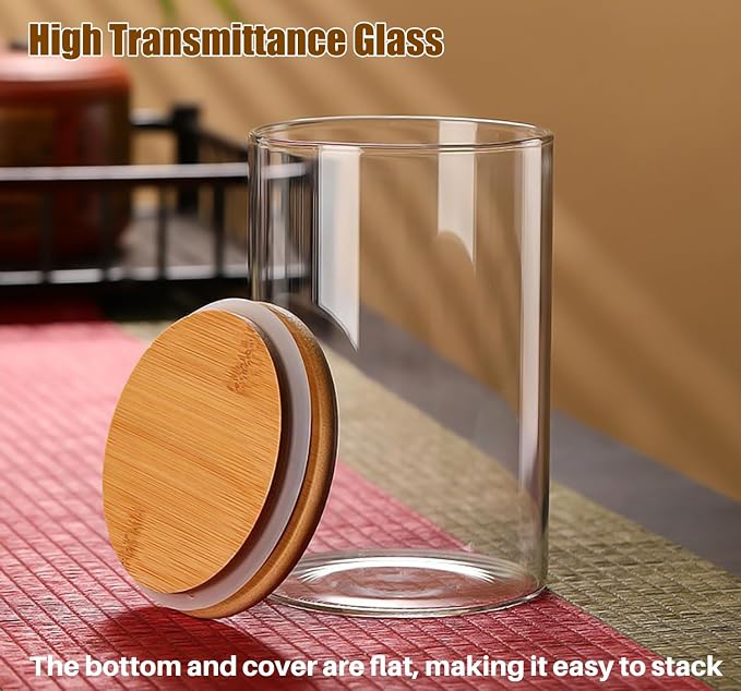 Glass Food Storage Jars with Airtight Lids, Clear Glass Jar with Bamboo Lid, Airtight Food Canister for Tea, Candy, Coffee, Sugar, Cookie, Snack. (Round | 5+6 Inch | 33+17 oz)