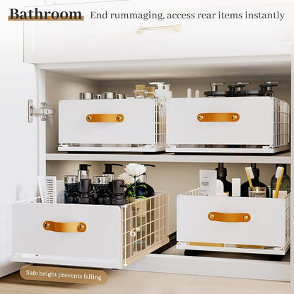 Pull Out Cabinet Organizer, No-Drill Pantry Drawers, Slide Out Shelves with Bamboo Risers for Lipped Cabinets,Ideal for Kitchen, Bathroom & Under Sink Storage (White, 11.8" Wide-15.7" Deep)
