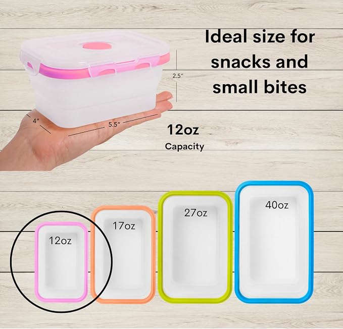 ECOBERI Collapsible Food Storage Containers, Silicone Small 4 Piece 12 oz Set, BPA-Free Food Storage with Airtight Lids, Space-Saving Lunch Containers, Freezer and Dishwasher Safe