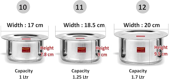 Sumeet Stainless Steel Cookware Set With Lid, 1 Liter To 1.7 L, 3 Piece (Steel)