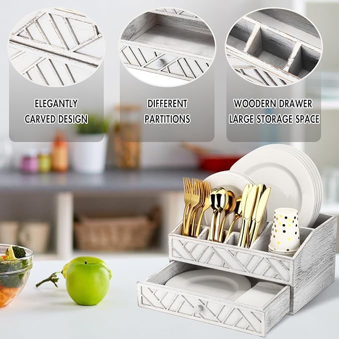 Marsui Paper Plate Dispenser, Wood Rustic Paper Plate Holder for Countertop with Drawer Silverware Utensil Caddy, Cutlery Flatware Organizer for Spoon Fork Napkins Kitchen Parties(Retro Aged White)