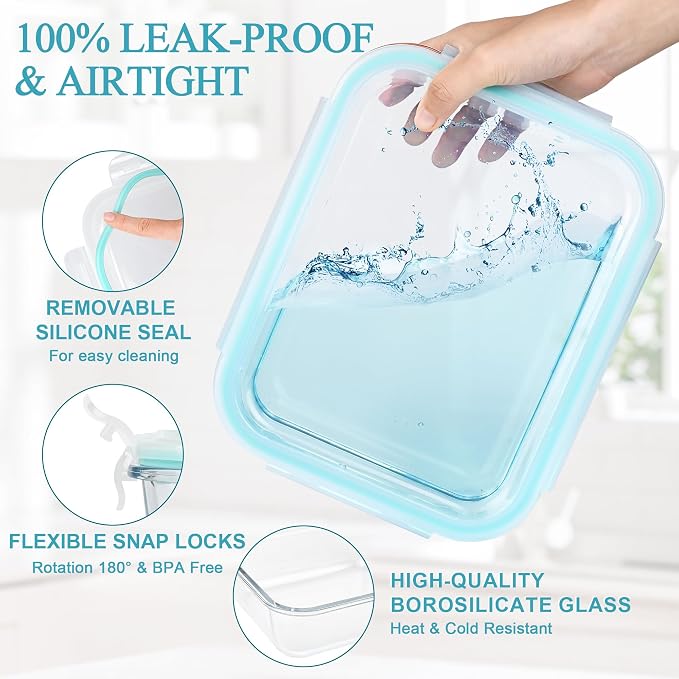 GEHE 2 Pack 52oz Large Glass Food Storage Containers with Lids, Meal Prep Container, Glass Storage Containers with Airtight Lids for Baking, Storing, Microwave/Freezer/Dishwasher Safe, BPA Free