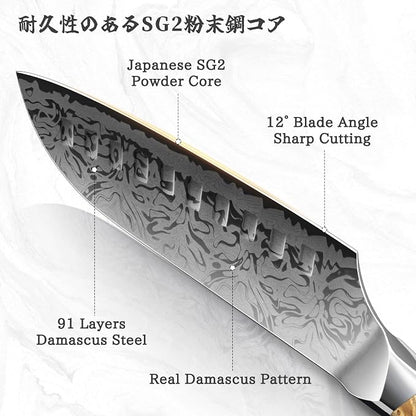 SHAN ZU Damascus Chef Knife, SG2 Powder Steel Japanese Kitchen Knife, 7 inch Hand Forged 91 Layers Damascus Steel Ultra Sharp Knife with Ergonomic Maple Handle
