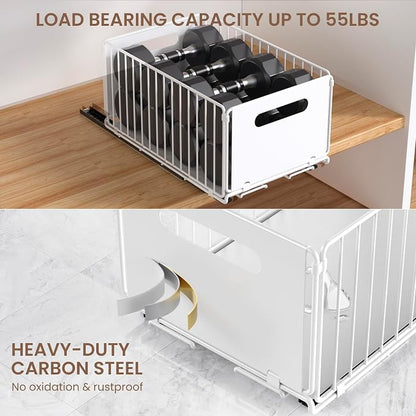 2 Pack Pull Out Cabinet Organizer, Heavy Duty Slide Out Drawer with No Drill Adhesive or Screw Mount, Carbon Steel Roll Out Shelf for Kitchen Cabinet, Pantry & Bathroom Storage